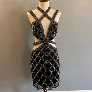 X by NBD Black and Silver Geometric Beaded Dress